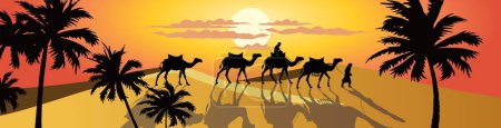 Foto de Caravana de camellos caminando sobre dunas, cocoteros, puesta de sol, paisaje con siluetas - Imagen libre de derechos