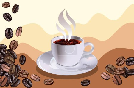 Foto de Ilustración de tarjetas para el Día Internacional del Café con taza y granos de café - Imagen libre de derechos