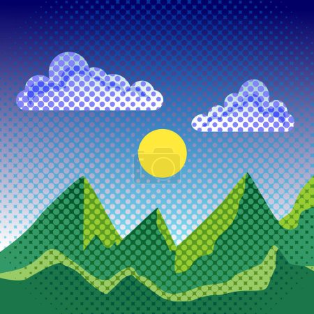 Foto de Paisaje con montañas de sol y cielo azul en estilo cómico de dibujos animados - Imagen libre de derechos