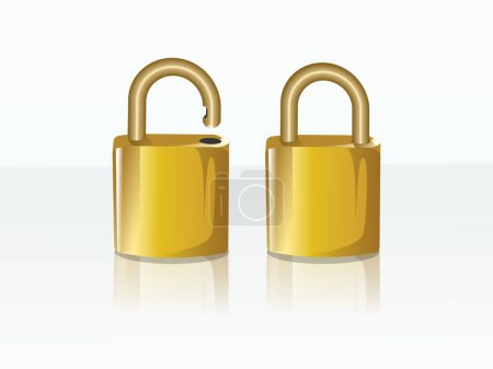 Foto de Dos pequeños candados dorados aislados sobre un fondo blanco. Concepto de seguridad. - Imagen libre de derechos