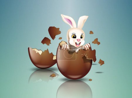 Foto de 3d vector ilustración de conejito de Pascua que sale de un huevo de chocolate rompiéndolo - Imagen libre de derechos