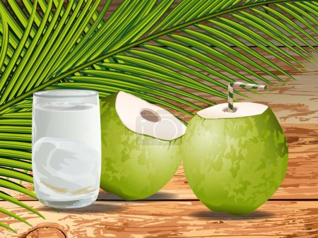 Foto de Vaso de agua de coco, coco verde y hojas de coco, verano, bebida refrescante. - Imagen libre de derechos