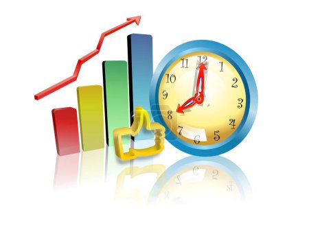 Foto de La ilustración muestra un gráfico junto al reloj con el icono de aprobación. economía basada en el tiempo y concepto de crecimiento. - Imagen libre de derechos