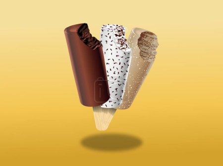 Ilustración de Tres paletas de diferentes sabores, chocolate, cacahuete y coco con copos - Imagen libre de derechos