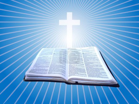 Foto de Cruz y Santa Biblia con el cielo azul en el fondo. La Biblia es el libro sagrado de los cristianos - Imagen libre de derechos
