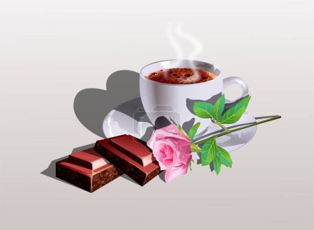 Foto de Ilustración de una taza de chocolate caliente. tabletas de chocolate y una rosa. Concepto de romanticismo. - Imagen libre de derechos
