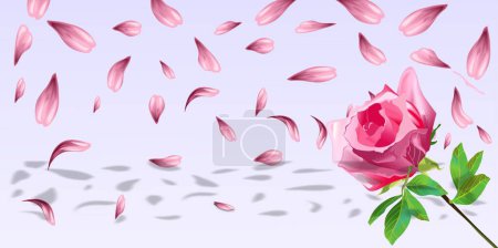 Foto de Pétalos caídos, flor rosa con hojas verdes para el día de la madre, día de San Valentín, día de la mujer, tarjeta de felicitación, invitación a la boda - Imagen libre de derechos