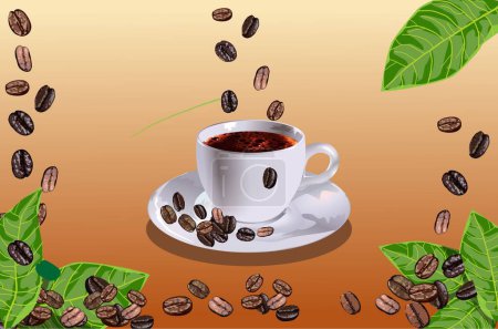 Foto de Ilustración para el día internacional del café con la taza y la caída de granos de café, ilustración, vector, diseño - Imagen libre de derechos