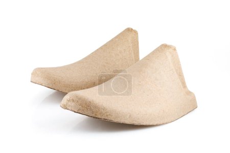 Photo for Pair of shoe tree made from recycled cardboard paper isolated on white background , device that used for placed inside a shoe to preserve its shape. - Royalty Free Image