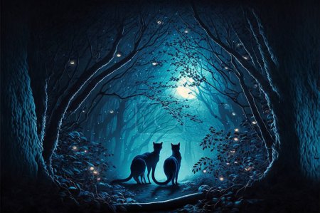 Cats in the dark mysterious wood, moon scene light, golden particle ambient Light, hyperrealistic blue