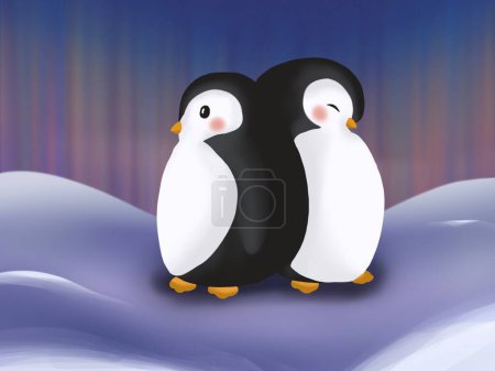 Graphic illustration art of warm penguins in winter with northern lights. Idea for background, print, books, cartoon, childrens event 