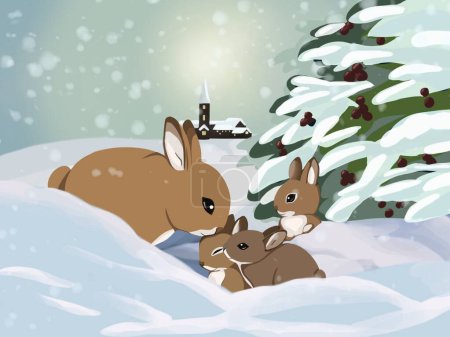 Graphic illustration of Christmas story about family rabbits in snowy winter. Idea for books, cartoon, childrens art, background, print, banner  Poster 626416906