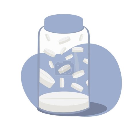 Graphic illustration of jar with pills . Idea for icon, stickers, banner, background, childrens books, print, art, magazine
