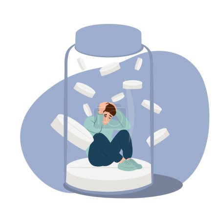Graphic illustration of man with addiction problems of medicine pills. Idea for icons, stickers, psychological books, art, cartoon,  background, banner, print, magazine
