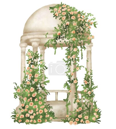 Un oasis vintage con este encantador mirador adornado con flores frondosas alrededor de los pilares. Su diseño romántico y adornado añade un toque de elegancia clásica a cualquier proyecto o entorno de temática vintage