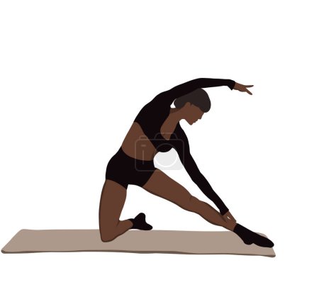Vibrante ilustración vectorial de una chica estirándose sobre una esterilla de yoga. Perfecto para carteles de fitness, artículos de salud y promover un estilo de vida activo. Ideal para aquellos que buscan representación diversa
