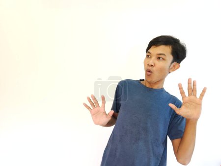 Photo for Full portrait of shock face Asian man looking at empty space isolated on white - Royalty Free Image