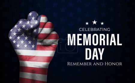 Foto de Memorial Day - Remember and Honor Poster (en inglés). EE.UU. celebración del día conmemorativo. manos pintadas como la bandera americana - Imagen libre de derechos