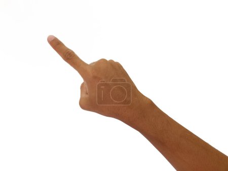 Photo for Man pointing at something on white background, closeup of hand - Royalty Free Image