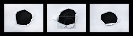 Foto de Colecciones desgarradas marco de papel con los lados rasgados. un agujero negro roto en el papel blanco. papel rasgado realista con los bordes rasgados para el espacio de copia de fondo - Imagen libre de derechos
