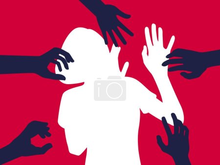 Silhouette der Frau, Belästigung Vektor Illustration. Hände von Männern, die Frauen berühren. Gewalt gegen Frauen, Mobbing am Arbeitsplatz. flaches Konzept, Text, blau, weiß, Opfer, sexuell, Vergewaltigung