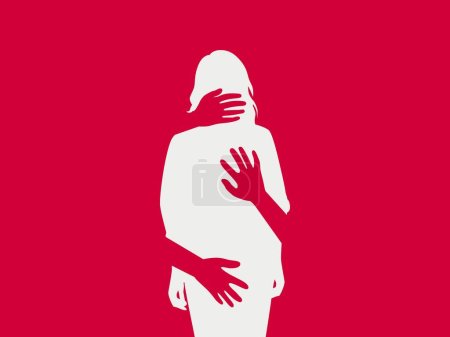Illustration for Silhouette of woman, harassment vector illustration. hands of man touching women. Violence against women, Workplace bullying concept. flat concept, text, blue, white, victim, sexual, rape - Royalty Free Image