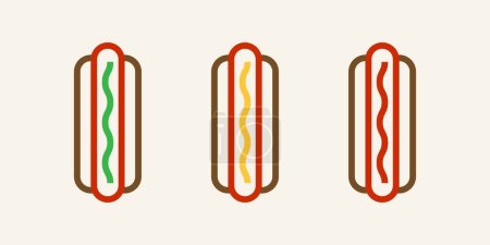 Ilustración de Set de tres perritos calientes con diferentes sabores icono. Hotdog con ilustración topping - Imagen libre de derechos