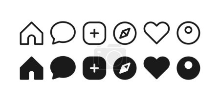 Illustration for Set of social media icons. Homepage, chat, explore, upload, like, profile - Royalty Free Image