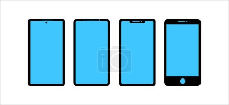 Illustration for Smartphone icon in four models set with blank blue screen. simple and modern symbol for hand phone technologies - Royalty Free Image