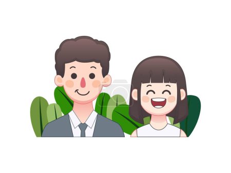 Ilustración de Un par de ilustraciones. novio y novia mirada feliz y lindo avatar vista frontal - Imagen libre de derechos