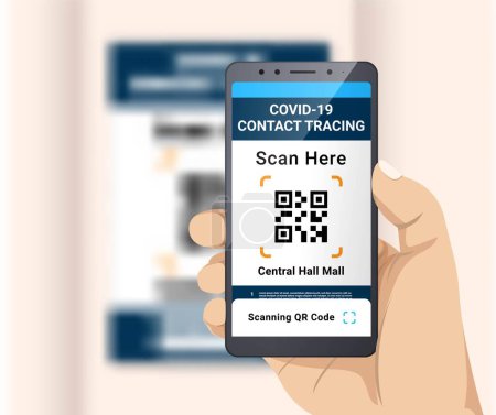 Illustration for Scanning Covid-19 Contact Tracing for Entering Location Illustration. Hand Holding Smartphone and Scan QR Code Vaccination Certificate or Passport Card as proof that you have been vaccinated - Royalty Free Image