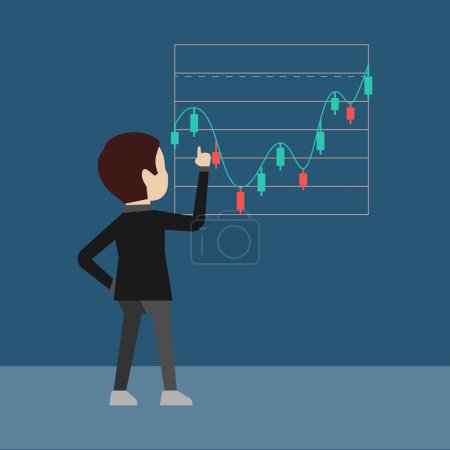 Illustration for Investor watching stock movements Illustration. Successful entrepeneur presenting stack of money and growth diagram. A man calculating profit and loss. Trading, trader - Royalty Free Image
