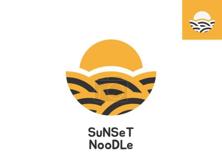 Illustration for Sunset and Noodle Logo. Combination. Yellow Noodles. Noodles and Meatball Design Illustration. looks like a bowl - Royalty Free Image