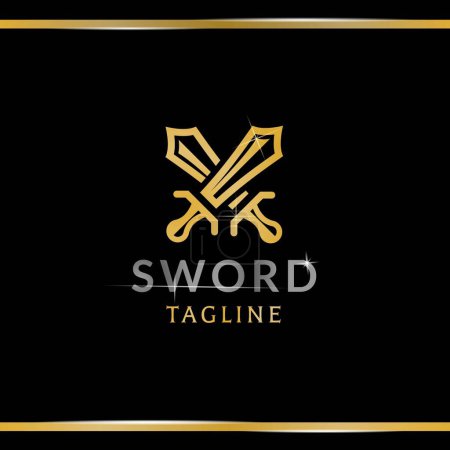 Illustration for Shiny Crossed swords on black background. Design element for logo, label, emblem, sign. Vector illustration - Royalty Free Image