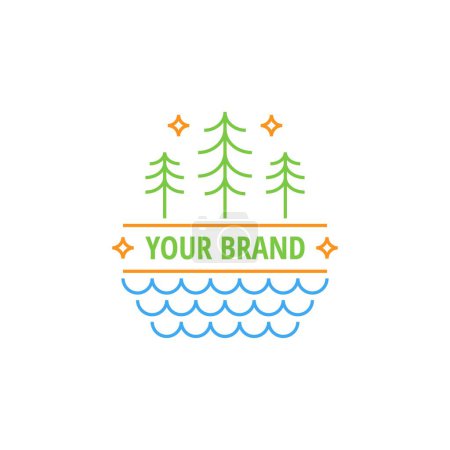 Illustration for Line Art Outdoor, Camp, Adventure Logo Template. Pine, Star, Sky, Water - Royalty Free Image