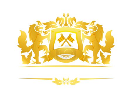 Ilustración de Leones heráldicos con escudo y Chrest Logo de lujo - Imagen libre de derechos