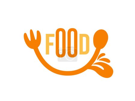 Food Logo mit Kochlöffel und Gabel. Leckeres Essen Design Illustration. Zunge und Speichel 