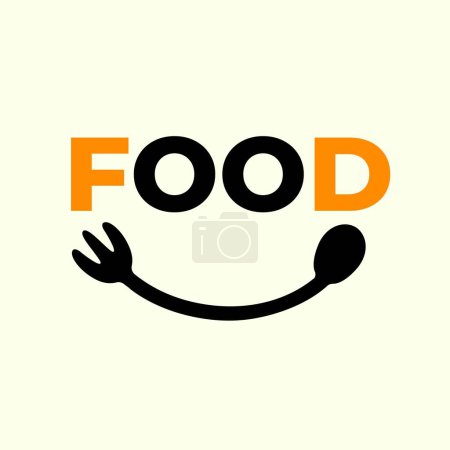 Téléchargez les illustrations : Logo du restaurant. Food Word Typographie avec sourire et yeux Illustration. Icône de conception de cuillère et fourchette - en licence libre de droit