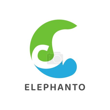 Téléchargez les illustrations : Logo d'éléphant simple avec lettre C dans l'espace négatif. Modèle adapté au zoo pour animaux ou aux affaires - en licence libre de droit