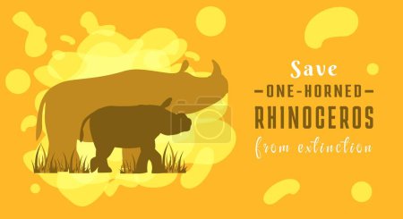 Illustration for Save the one-horned rhinoceros from extinction. Endangered Endemic Animal from Indonesia. Ecology crisis. Big ecological problem. Horizontal posters. Colorful rhino cartoon flat style. - Royalty Free Image