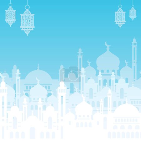 Illustration for Ramadan kareem background with mosque silhouette and hanging lanterns. Islamic holiday banner design - Royalty Free Image