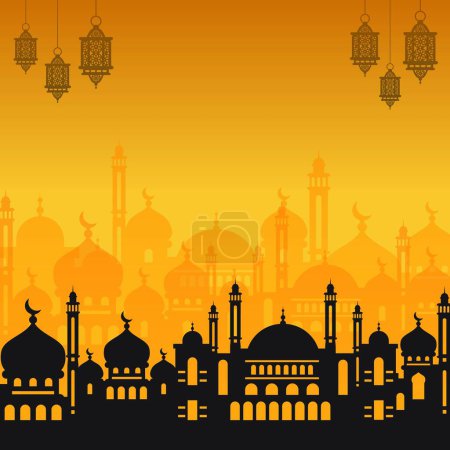Illustration for Ramadan kareem background with mosque silhouette and hanging lanterns. Islamic holiday banner design - Royalty Free Image