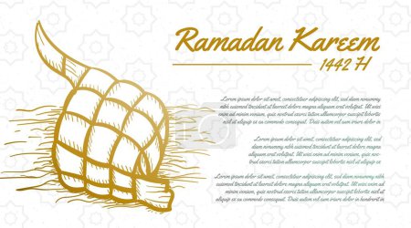 Téléchargez les illustrations : Esquisse dessinée à la main du concept du Ramadan avec texte de calligraphie du Ramadan, 'Ketupat' ou nourriture au diamant. Bannière ou carte de voeux - en licence libre de droit