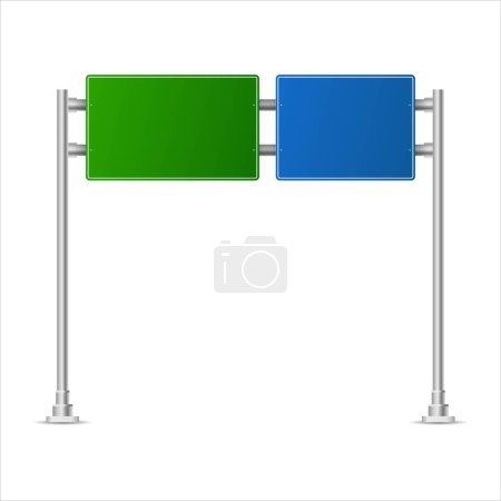 Illustration for Realistic green and blue street and road signs. City illustration vector. Street traffic sign mockup isolated, signboard or signpost direction mock up image - Royalty Free Image