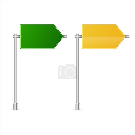 Illustration for Realistic green and yellow street and road signs. City illustration vector. Street traffic sign mockup isolated, signboard or signpost direction mock up image - Royalty Free Image
