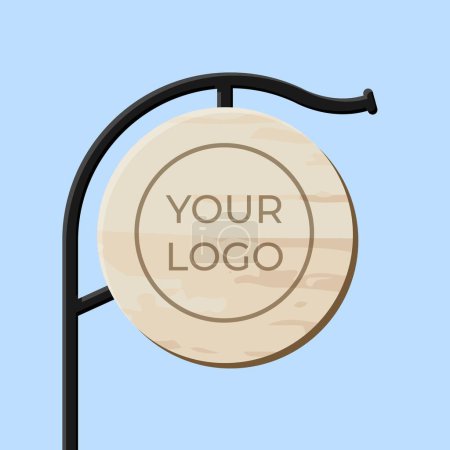 Illustration for Circle Wooden Outdoor Signboard with Iron Pole. Vector wood texture outdoor Signboard template - Royalty Free Image