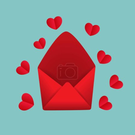 Illustration for Red Envelope Illustration with Hearts Icon Symbol on aqua background for valentine's day - Royalty Free Image