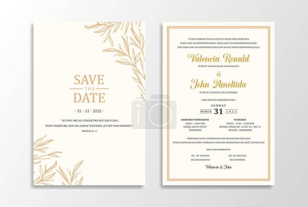 Téléchargez les illustrations : Modèle de carte de mariage Invitation avec feuilles d'or simples - en licence libre de droit