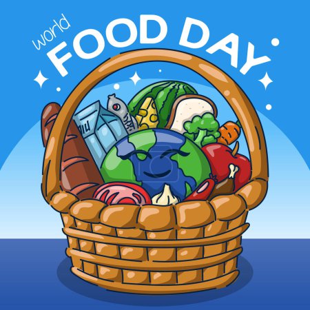 Téléchargez les illustrations : Tiré à la main de la Journée mondiale de l'alimentation. Globe and Foods dans le panier - en licence libre de droit