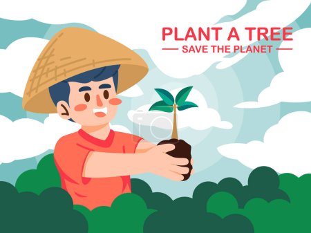 Ilustración de Árbol, medio ambiente mundial, día de la tierra. hombre plantando un árbol - Imagen libre de derechos
